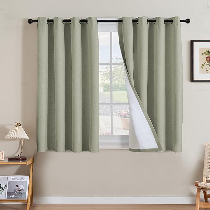H.VERSAILTEX Linen Curtains 100% Blackout Curtains for Bedroom 45 inch Long Full Light Blocking Nature Linen Blended Window Curtains for Living Room Nickel Grommet (2 Panels, Heathered Tea)