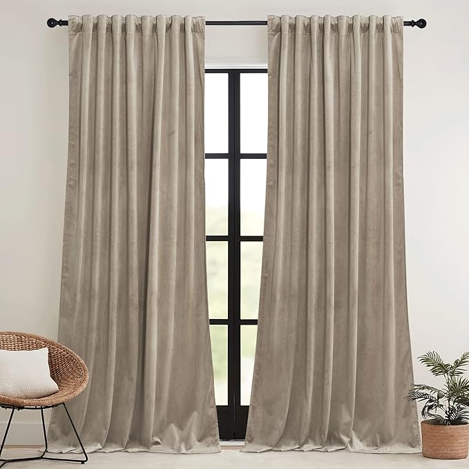 RYB HOME Camel Beige Velvet Curtains 84 inch, Room Darkening Window Curtains with Multiple Hanging Options Heavy Duty Plush Backdrop for Bedroom Guest Room, W52 x L84 inch, 2 Panels