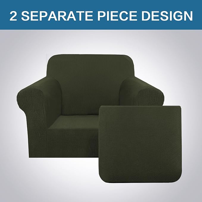 H.VERSAILTEX 2 Piece Couch Cover Stretch Stylish Chair Cover Furniture Cover/Protector Featuring Jacquard Textured Twill Fabric, High Spandex Slipcover Machine Washable (Chair, Olive)
