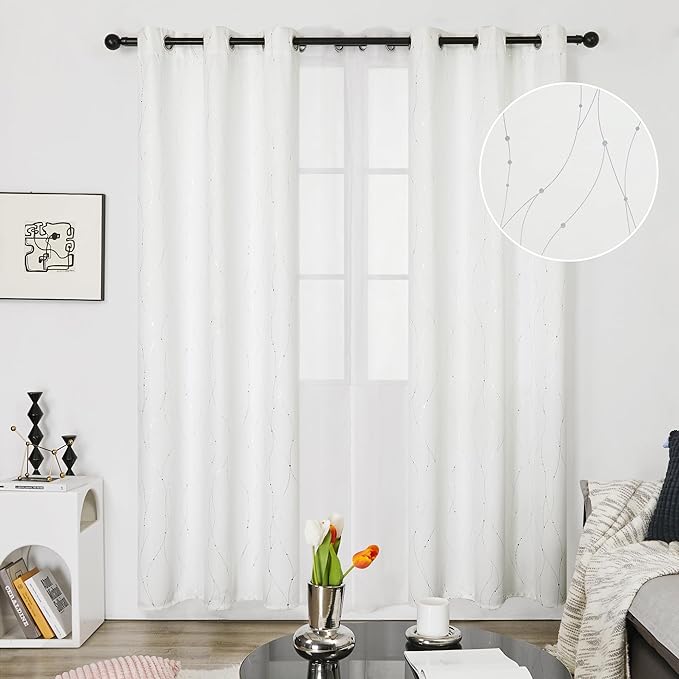 Deconovo White Curtains 84 Inches Long, Room Darkening Curtain, Thermal Insulated Soundproof Drapes, Wave Dots Silver Print, Grommet Top, Window Panels for Living Room Bedroom Nursery Office, Set of 2