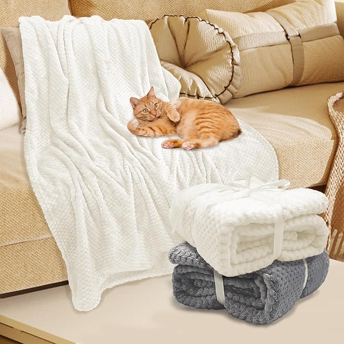 4 Pack Fleece Throw Blankets 50x60 Inches - Oeko-Tex Certified 100, 270 GSM Ultra Soft Plush for Bed, Couch and Cozy Gifts. 3D Waffle Texture, No Shedding No Pilling All Season (Cream)