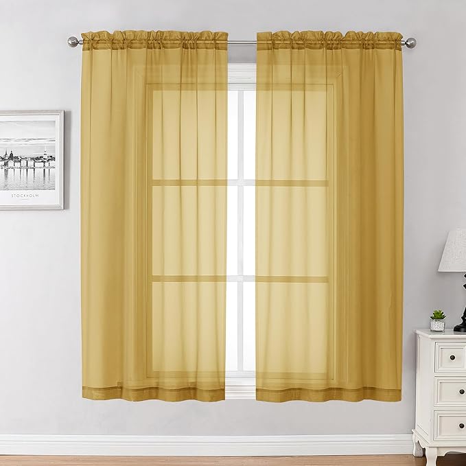 Chyhomenyc Gold Sheer Curtains 63 Inches Long 2 Panels, Light Filtering Bright Lightweight Curtains for Living Room, Soft Gentle Voile Rod Pocket Bedroom Window Drapes, 59Wx63L Inch, 2PCS