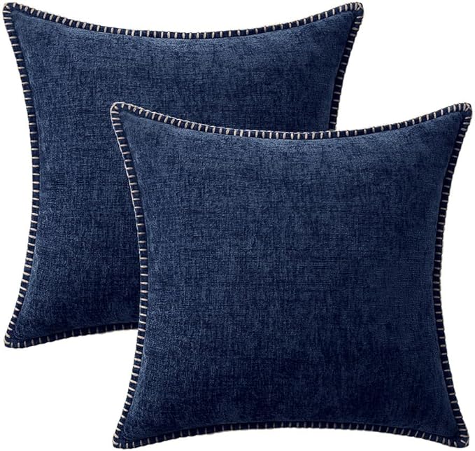 MIULEE Pack of 2 Couch Throw Pillow Covers 18x18 Inch Navy Farmhouse Decorative Pillow Covers with Stitched Edge Soft Chenille Solid Dyed Spring Pillow Covers for Sofa Bed Living Room