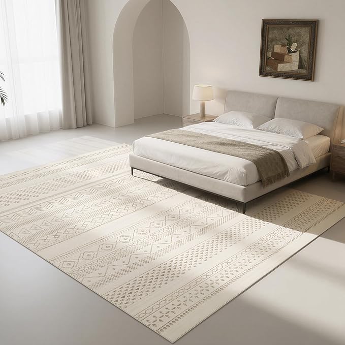 Washable Rugs 8x10 Area Rugs for Living Room- Large Moroccan Rugs for Bedroom, Dining Room, Ultra Soft Low Pile Foldable Carpet with Non Slip Rubber Backing,Neutral Accent Rug(Light Brown)