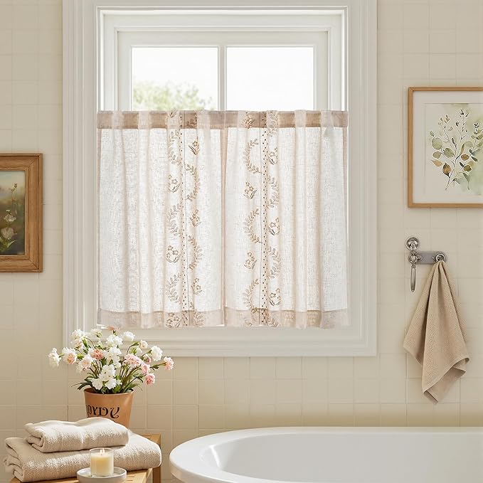 jinchan Belrose Linen Floral Kitchen Curtains 36 inch Length Embroidered Farmhouse Cafe Curtains for Living Room Bathroom Small Windows Curtain Set Sheer Light Filtering 2 Panels Beige
