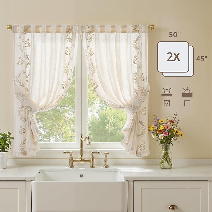 jinchan Belrose Linen Floral Cafe Curtains 45 Inch Length Embroidered Farmhouse Curtains for Kitchen Bedroom Bathroom Small Windows Curtain Set Light Filtering 2 Panels Beige