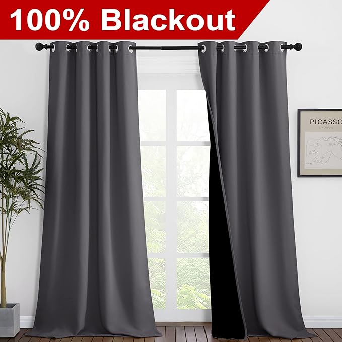 NICETOWN 100% Blackout Blinds, Set of 2, 46" x 102", Laundry Room Decor Window Treatment Curtains for Large Patio Sliding Door, Thermal Insulated Grey Curtains for Bedroom