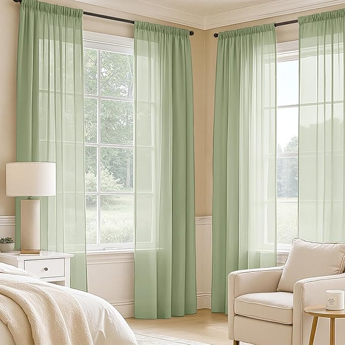 MIULEE Sage Green Sheer Curtains 108 Inches Long, 4 Panels Set, Light Filtering Rod Pocket Voile Drapes Window Treatments, Semi Transparent Airy Fabric for Bedroom and Living Room, 42 x 108 Inches
