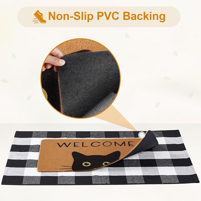 UINI Door Mat Combo Set, 28" x 43" Plaid Mat +17" x 30" Black Cat with Green Eyes Doormat, 2 PCS Welcome Mat Set for Front Door, Entrance, Porch Decor, Non-Slip
