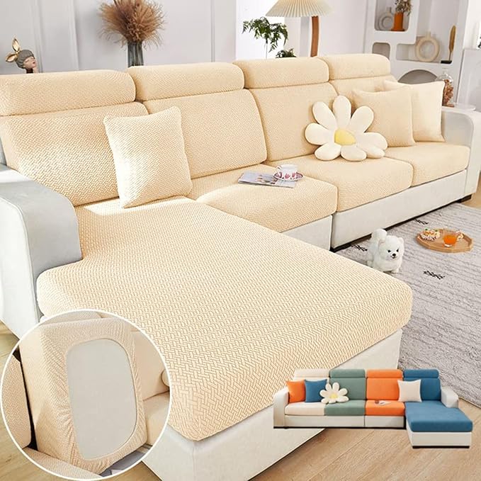 Soothing Home Sofa Covers, Sofa Hero Covers, Wear-Resistant Universal Couch Covers Washable Stretch Sectional Couch Cushion Covers (Beige,Chaise Cover)