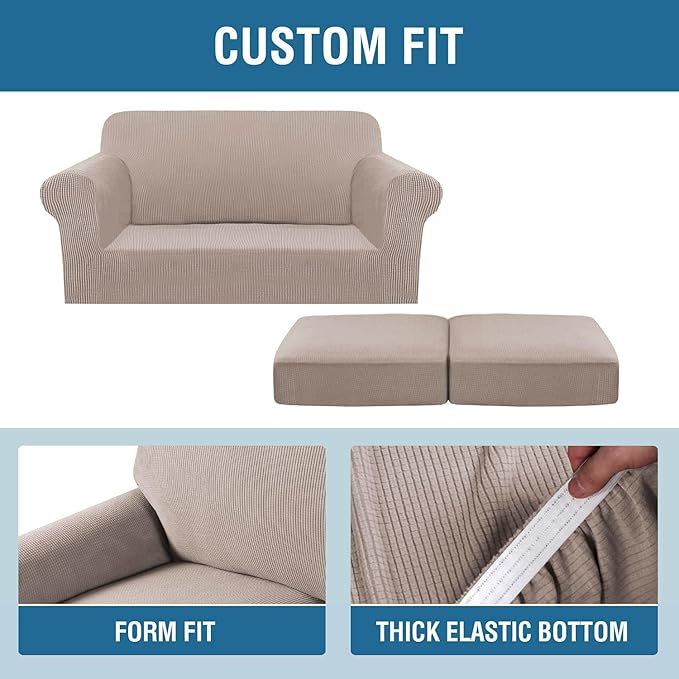 H.VERSAILTEX 3 Piece Stretch Sofa Covers for 2 Cushion Loveseat Couch Covers for Living Room Furniture Cover (Base Cover Plus 2 Seat Cushion Covers) Thicker Jacquard Fabric(Medium Sofa, Sand)