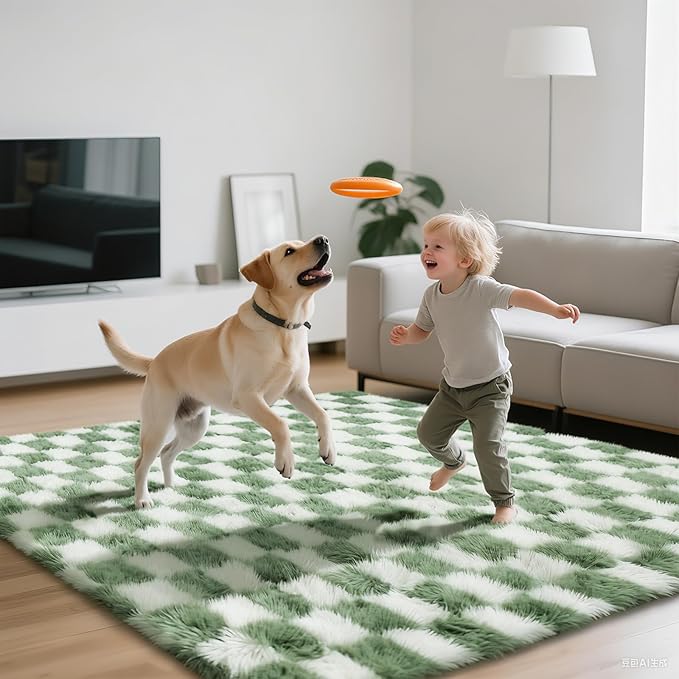 Area Rugs for Bedroom Living Room,4x6 Green and White Fluffy Soft Checkered Rug Fuzzy Shag Shaggy Carpet, Indoor Plush Floor Rugs for Kids Boys Girls Teen Dorm Nursery Home Decor