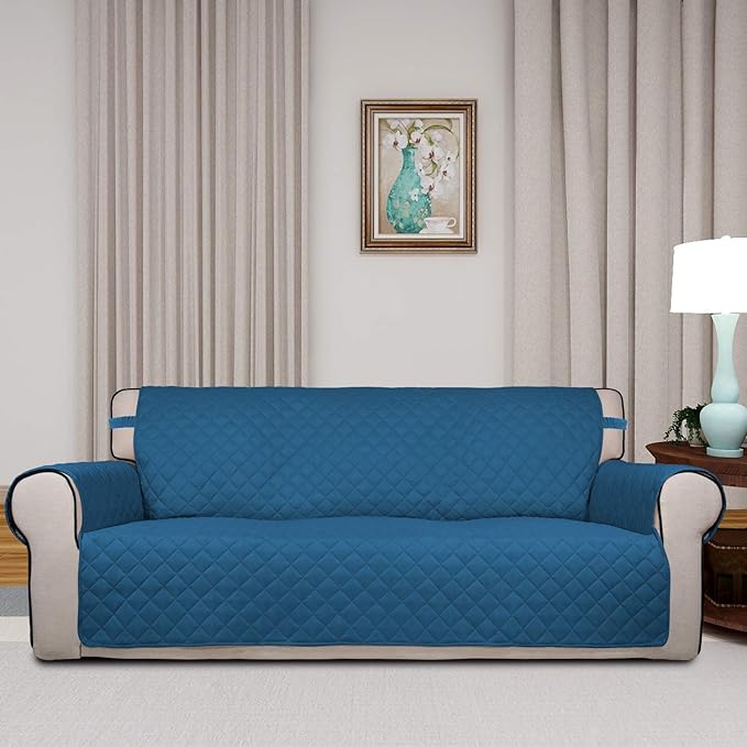PureFit Reversible Quilted Sofa Cover, Water Resistant Slipcover Furniture Protector, Washable Couch Cover with Non Slip and Elastic Straps for Kids, Pets (Sofa, Peacock Blue/Beige)