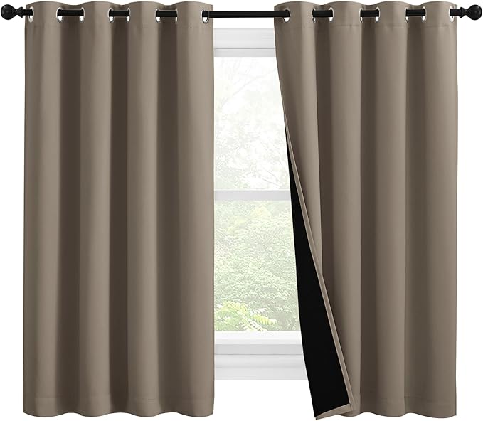 NICETOWN 100% Blackout Curtains with Black Liners, Thermal Insulated Full Blackout 2-Layer Lined Drapes, Noise Cancellation Window Draperies for Dining Room (Taupe, 2 Panels, 55-inch W by 57-inch L)