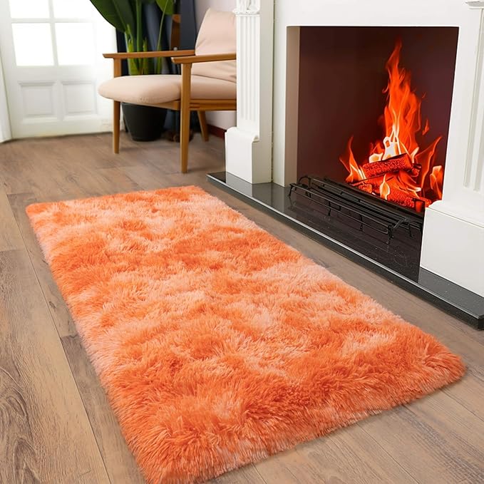 Soft Runner Rugs for Bedroom Hallways, 2x4 Tie-Dyed Orange Fluffy Shag Throw Area Rug Non Slip for Bedside Dorm, Long Shaggy Furry Carpet for Nursery Living Room