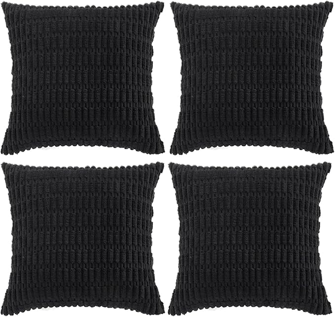 Fancy Homi 4 Packs Boho Black Decorative Throw Pillow Covers 18x18 Inch for Living Room Couch Bed Sofa, Rustic Modern Farmhouse Home Decor, Soft Plush Corduroy Cute Square Cushion Case 45x45 cm