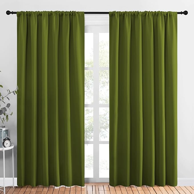 NICETOWN 2 Panels Blackout Curtains, Rod Pocket Thermal Insulated Drapes 84 inches Long, Easy-Care Modern Home Decoration Sunshades for Guest Room, Living Room, Office, 62 x 84 Inch, Olive Green