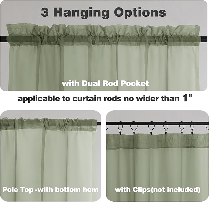 Chyhomenyc Extra Long Sage Green Sheer Curtains 108 Inches Long 2 Panels, Light Filtering Green Curtains for Living Room, Soft Gentle Voile Rod Pocket Bedroom Window Drapes, 59Wx108L Inch, 9FT, 2PCS