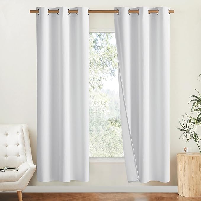 NICETOWN 100% Absolutely Blackout Linen Curtains with Thermal Insulated White Liner, White, 34 inches Wide, 70 inches Length Energy Saving Curtains for Living Room 2 Panels Set, Vertical Blinds