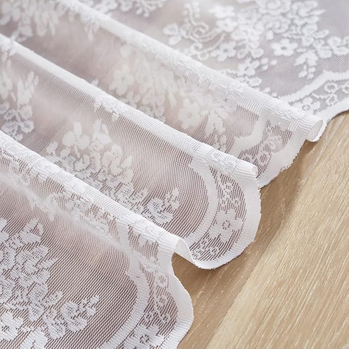 YJ YANJUN Vintage Lace Curtains 36 inch Length Country White Cafe Kitchen Sheer Short Curtain Panels for Bathroom - 2 Panels 26 x 36 Inch Light Filtering
