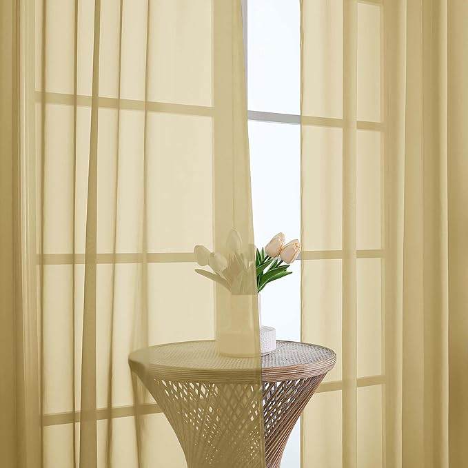 OWENIE Gold Sheer Curtains 120 Inches Long 2 Panels Set, Airy Lightweight Sheer Gold Curtains for Living Room Bedroom, Farmhouse Voile Filmy Rod Pocket Curtains Drapes, 2 Pcs, Each 59" Wx120 L Inch