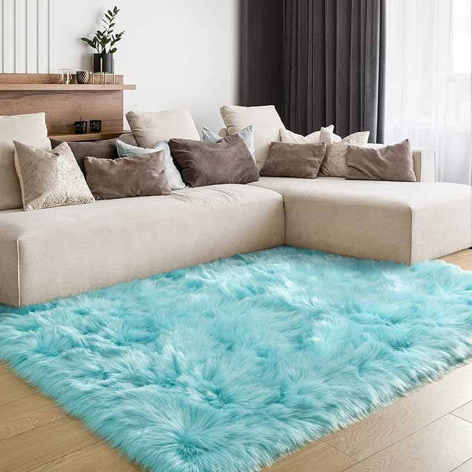 LOCHAS Soft Fluffy Faux Fur Rugs for Bedroom Bedside Rug 3x5 Feet, Washable, Furry Sheepskin Area Rug for Living Room Girls Room, Luxury Shag Carpet Home Decor, Blue