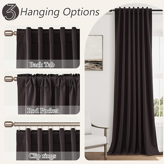 Guken Cocoa Coffee 100% Blackout Linen Curtains 120 Inch Length 2 Panels Set for Living Room Bedroom Back Tab/Rod Pocket Thermal Insulated Farmhouse Black Out Drapes Room Darkening,52x120
