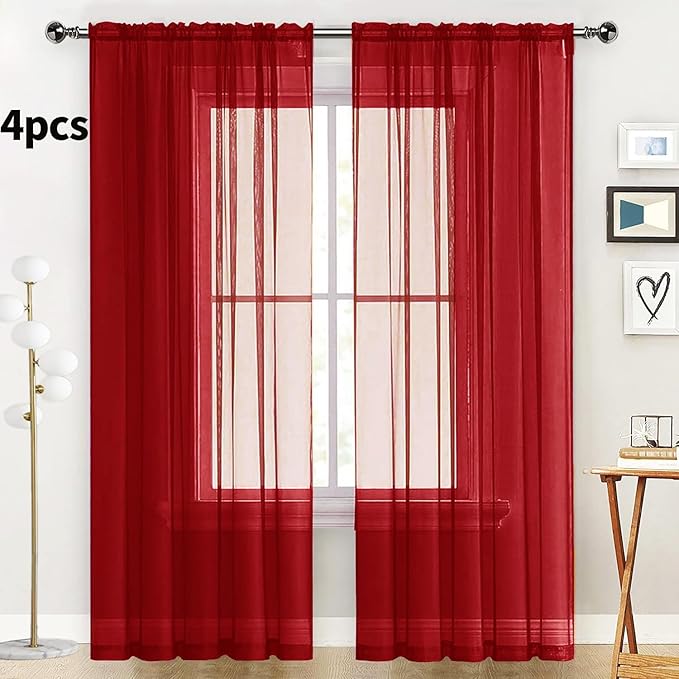 SpaceDresser Christmas Red Sheer Curtains 4 Panels Rod Pocket Semi-Sheer Curtain 90 Inches Long Light Filtering Voile Window Drapes for Bedroom Living Room Kitchen, Each 52W x 90L