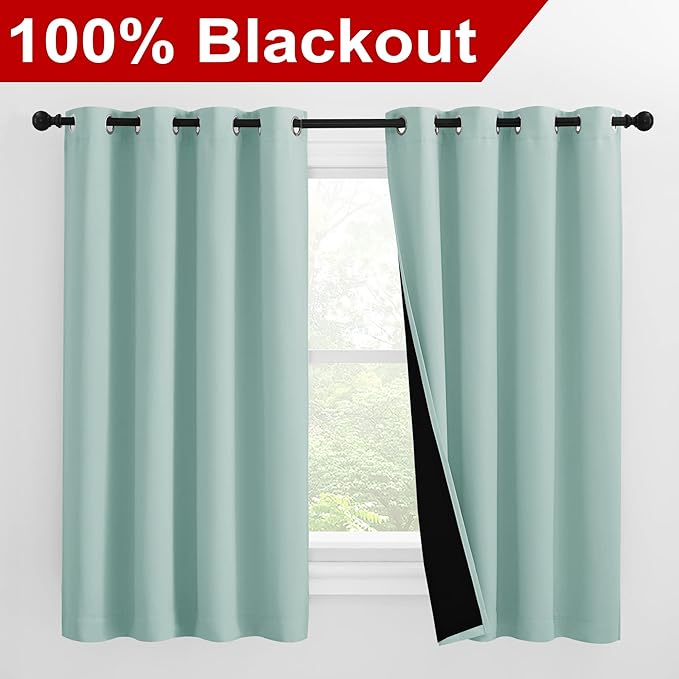 NICETOWN 100% Blackout Curtains 57 inches Long, Double-Deck Completely Blackout Window Treatment Thermal Insulated Lined Drapes for Small Window (Aqua Blue, 1 Pair, 55 inches Width Each Panel)