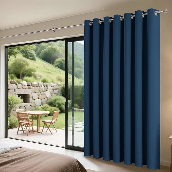 Joydeco Blackout Patio Sliding Door Curtains 96 Inches Long, Grommet Privacy Room Divider Curtains, Extra Wide Thermal Blackout Drapes for Bedroom Living Room (Navy Blue, 80Wx96L, 1 Panel)