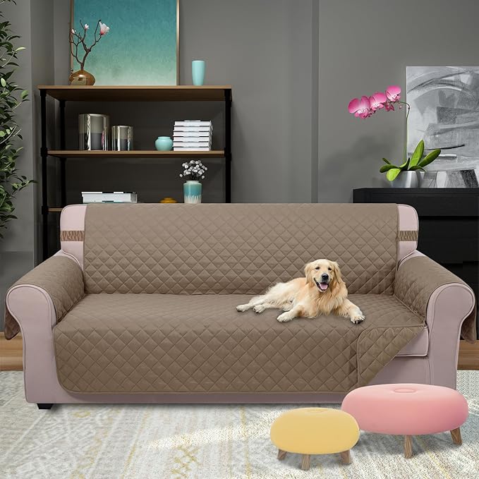 U-NICE HOME Large Sofa Cover Reversible Couch Cover for Dogs with Elastic Straps Water Resistant Furniture Protector for Pets Couch Cover for 4 Cushion Couch (Oversized Sofa, Taupe/Taupe)
