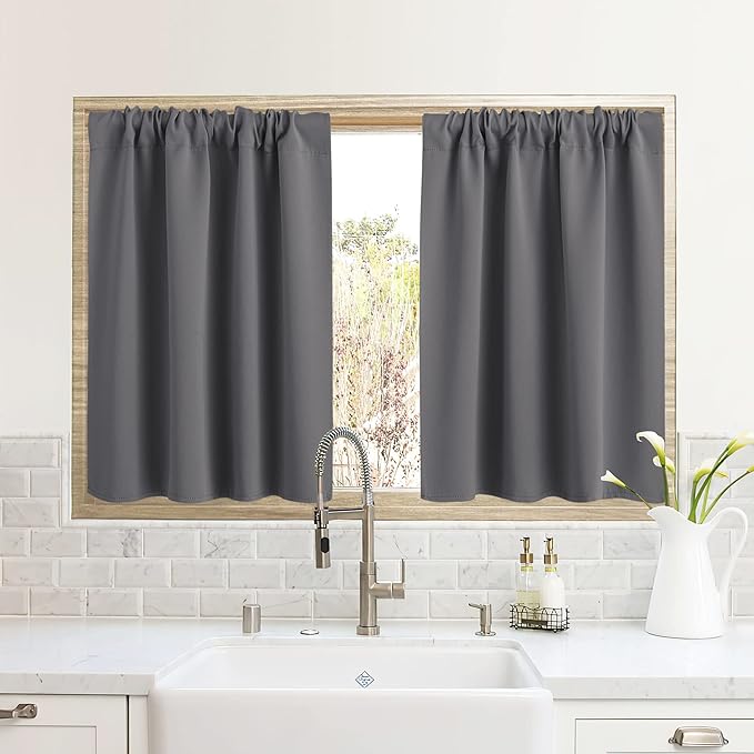 RYB HOME RV Curtains for Camper Windows, Mini Small Thermal Insulated Sunlight Heat Blocking Blackout Privacy Portable Curtains for Travel Trailer, Width 34 by Length 24, Grey, 2 Panels
