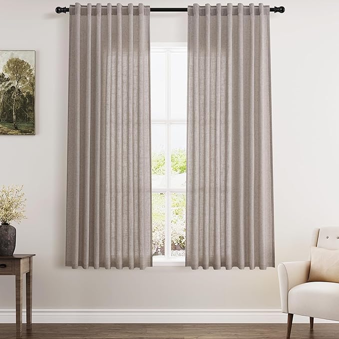 Brownish Grey Linen Curtains 63 Inches Long for Bedroom Back Tab Light Filtering Privacy Sheer Curtains Modern Farmhouse Coastal Decor Cotton Textured Gauze Curtain for Bathroom 2 Panel Set