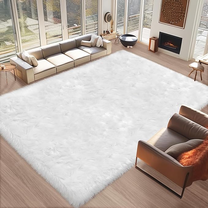 Ciicool 5 x 8 Feet Fluffy Faux Fur Area Rug White Faux Sheepskin Furry Rugs for Living Room Sofa Floor Shaggy Fuzzy Carpet for Bedroom Soft Plush Rugs Nursery Home Décor Rectangle