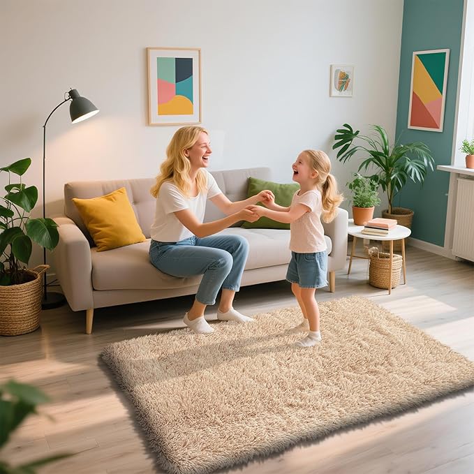 Shag Area Rug for Bedroom 3x5,Beige Fluffy Area Rugs for Living Room,Soft Fuzzy Rug Non-Shedding Indoor Plush Carpet for Kids Bedroom Nursery Dorm Home Decor