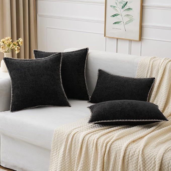 MIULEE Pack of 2 Couch Throw Pillow Covers 18x18 Inch Black Farmhouse Decorative Pillow Covers with Stitched Edge Soft Chenille Solid Dyed Spring Pillow Covers for Sofa Bed Living Room