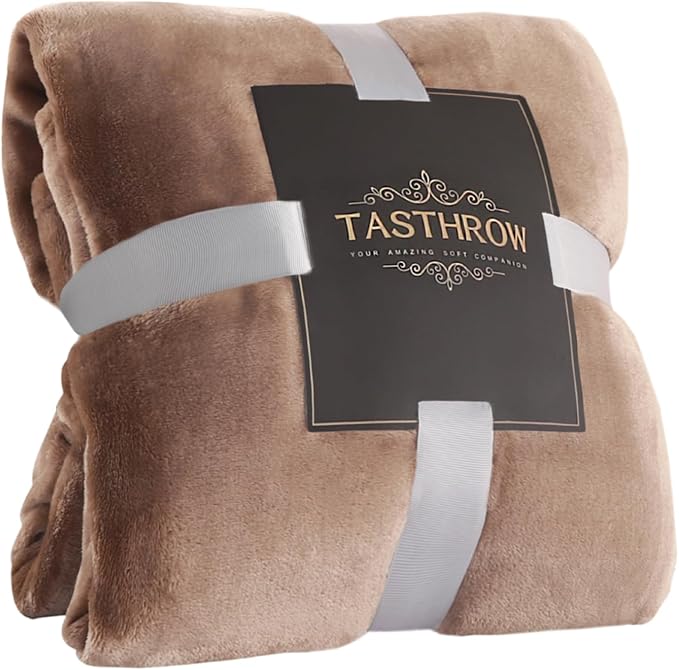 TASTHROW Large Flannel Fleece Throw Blanket, 60×80 Inch - Cozy Lightweight Thick Blanket - All Seasons Suitable for Women, Men and Kids (Light Coffee)