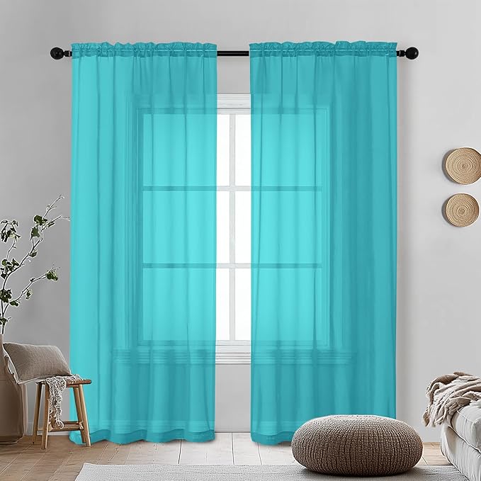 OVZME Turquoise Sheer Curtains 72 Inches Long 2 Panels - Soft Light Filtering Window Sheer Panels for Living Room/Bedroom, Top Dual Rod Pocket, 1 Pair, Each 42Wx72L Inches