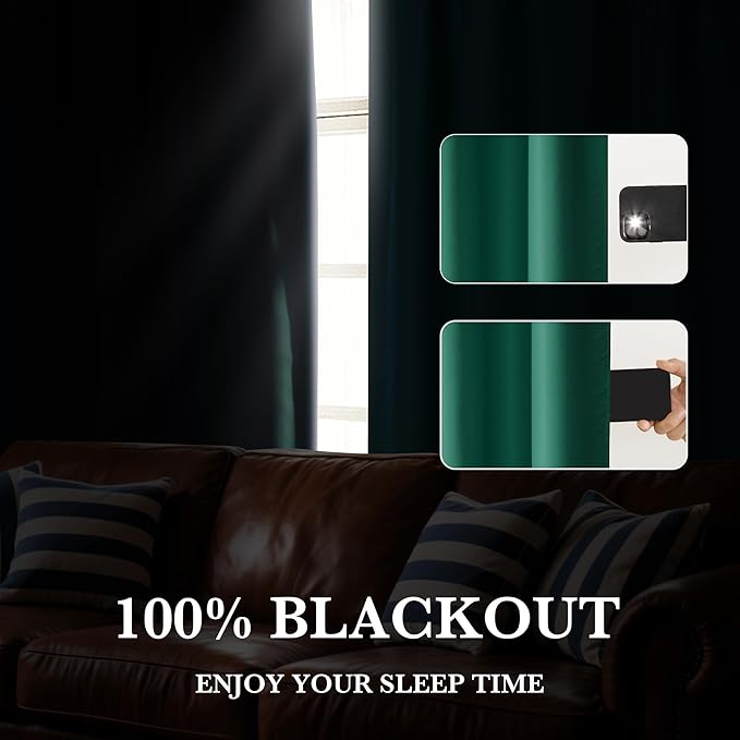 RYB HOME 100% Blackout Short Curtains for Small Window, Thermal Insulated Total Room Darkening Noise Reducing Curtains for Kitchen Bathroom Basement, 52 inches Wide by 36 inches Long, Dark Green