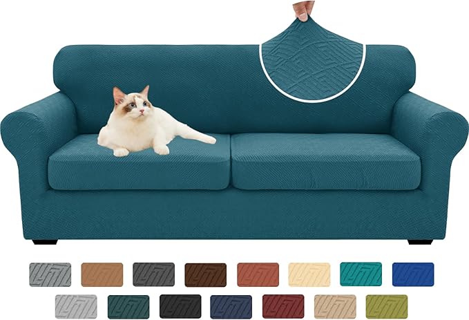 XINEAGE New 3 Pieces Couch Covers for 2 Extra Large Cushion Sofa Super Stretch Sofa Cover for 2 Large Seat Universal Loveseat Slip Cover for Living Room (Peacock Blue), 71"-91"(2 Cushions)