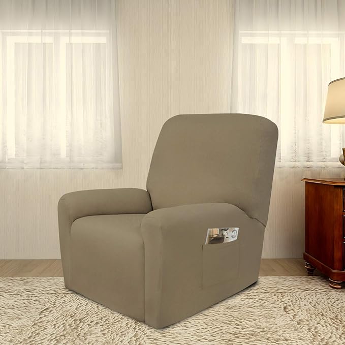 PureFit Super Stretch Chair Sofa Slipcover with Pocket – Spandex Non Slip Soft Couch Sofa Cover, Washable Furniture Protector with Elastic Bottom for Kids, Pets （Recliner, Tan）