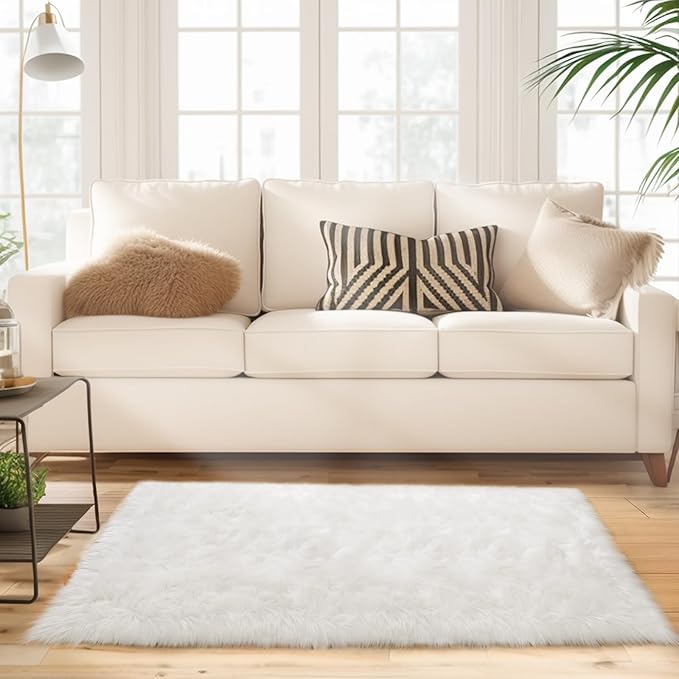 Ciicool White Fur Fluffy Rug, 2x4 ft Small Faux Fur Rug for Bedroom, Washable Faux Sheepskin Rugs for Sofa Couch Seat Cushion, Thick Shaggy Furry Rugs Floor Carpets for Bedside Living Room