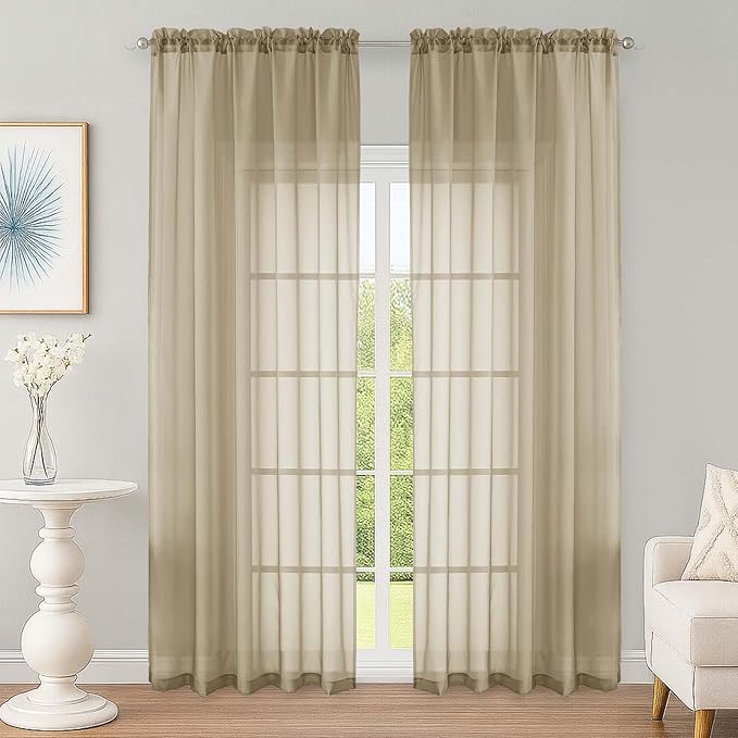 OWENIE Taupe Sheer Curtain 90 Inches Long 2 Panels Set, Solid Filmy Drapes for Living Room Bedroom, Elegant Window Voile Sheer Curtain Panels Drapes, 2 Pcs, Each 59" Wx90 L Inch