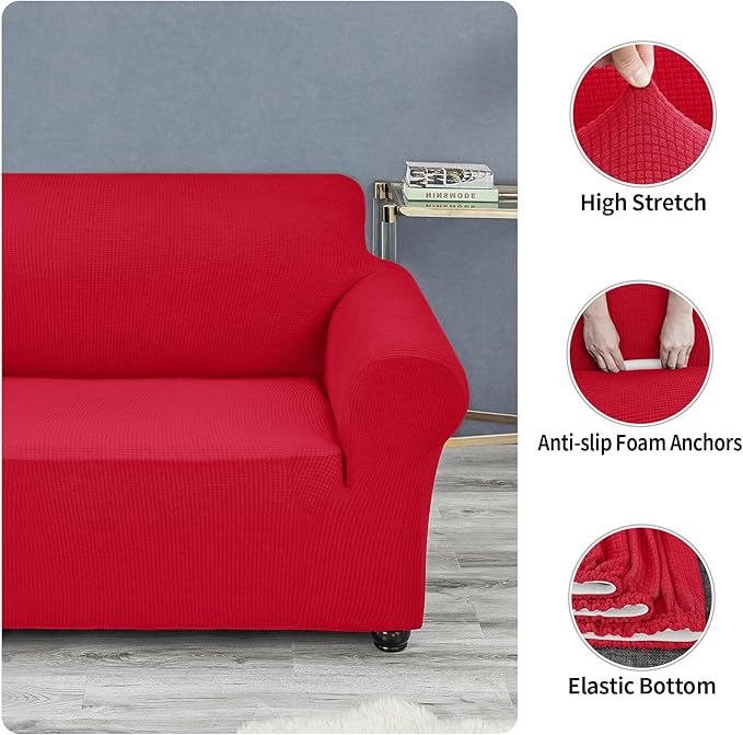 Joccun Christmas Stretch Loveseat Couch Cover Slipcover, 1-Piece Sofa Cover for 2 Cushion Couch Spandex Jacquard Washable Furniture Protector Cover for Living Room,Kids,Pets（Loveseat,Ruby）