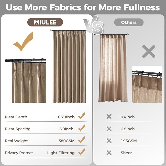 MIULEE Pinch Pleated Thick Linen Curtains 102 Inches Long 2 Panels for Living Room Bedroom, Linen Texture Pleat Drapes Memory Trained Light Filtering Brown Country Farmhouse Burlap Curtains with Hooks