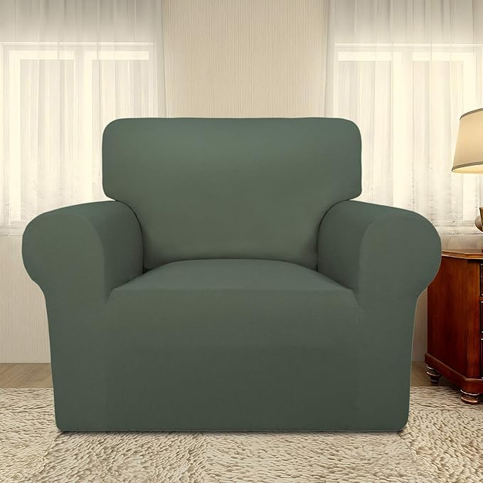 PureFit Super Stretch Chair Sofa Slipcover – Spandex Non Slip Soft Couch Sofa Cover, Washable Furniture Protector with Non Skid Foam and Elastic Bottom for Kids, Pets （Chair, Grayish Green）