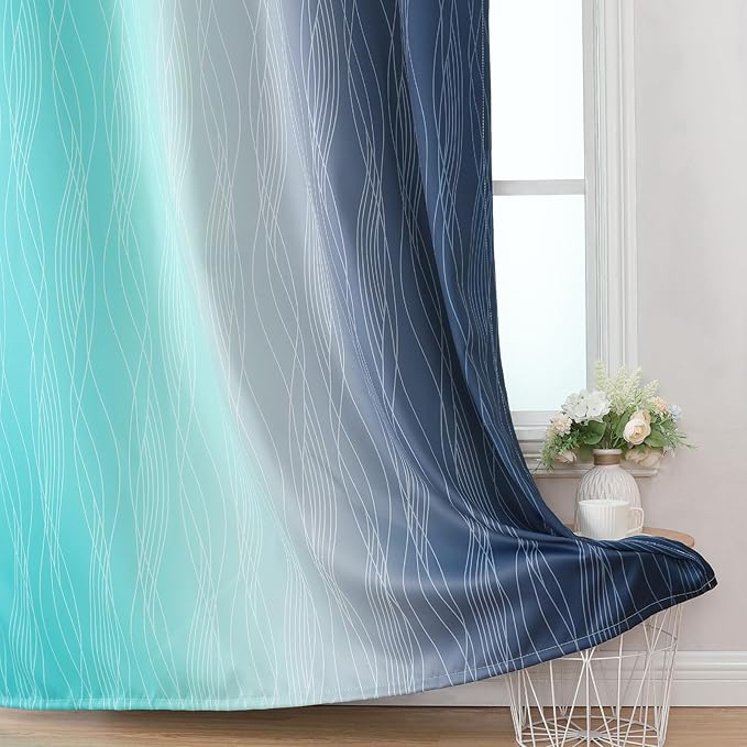 Estelar Textiler Navy Blue and Teal Blackout Curtains 45 Inch Length, Full Light Blocking Gradient Drapes for Kitchen, Thermal Insulated Grommet Ombre Curtains for Bathroom,52Wx45L,2 Panels