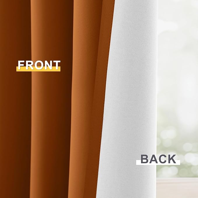 Yakamok 100% Blackout Curtain Panels 84 inches Cold and Light Blocking Drapes for Nursery, 2 Thick Layers Thermal Insulated Draperies (2 Pieces, 50 Wide Each Panel, Burnt Orange/White Backing)
