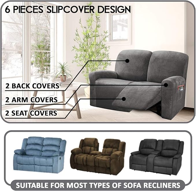 ULTICOR Reclining Love Seat Slipcover, 48" - 65" L, 6-Piece Velvet Stretch Loveseat Reclining Sofa Covers, 2 seat Love seat Recliner Cover, Thick, Soft, Washable (Dark Grey)
