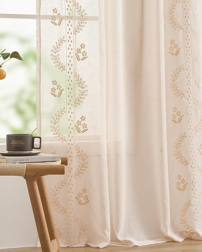 jinchan Belrose Linen Sheer Curtains for Living Room 84 Inch Length Sheer Voile Embroidered Floral Curtains for Bedroom Light Filtering Rod Pocket Window Treatments Farmhouse Decor 2 Panels Beige